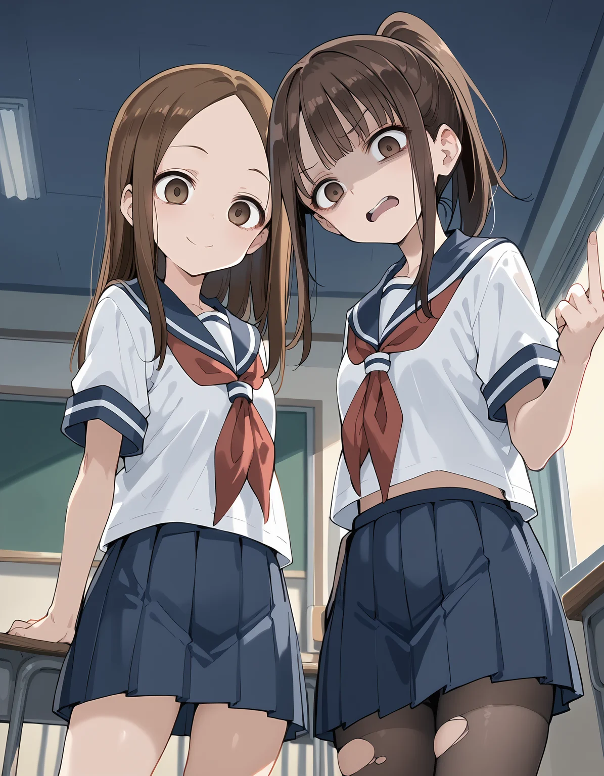 score_9,score_8_up,score_7_up,anime screencap,anime coloring,Cinematic Lighting,night,classroom,pov,from_below,2girls,brown hair,brown eyes,<lora:CreepyHeadTilt>,empty eyes,school_uniform,serafuku,blue sailor,white_shirt,short_sleeves,red_neckerchief,pleated_skirt,torn black_thighhighs,
BREAK <lora:takagi-san_v1.0:0.5>,takagi-san,long hair,forehead,seductive_smile,shushing,
BREAK <lora:Takagawa-Sumire_v1:0.5>,Takagawa Sumire,high ponytail,sidelocks,bangs,disgust,shaded_face,upper_teeth,middle_finger,