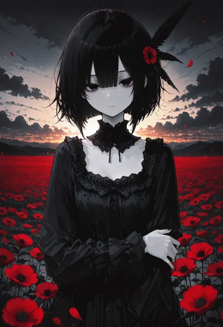 incredibly absurdres, highres, masterpiece, newest,best quality, very aesthetic, absurdres, newest, 8k, HDR, focused subject, oc-chan_(ketopon), 1girl, solo, gazing at viewer, bob cut, bangs, black hair, feather hair ornament, solid black eyes, detailed eyes, eyelashes, wind, messy hair, pale skin, hair between eyes, mole under eye, eye focus, frilled gown, gothic fashion, detached collard, lace trim, square neckline, expressionless, hand on own arm, fingernails, nail polish, sunset,cloudy sky, field, flower field, red flower,poppy flower, backlighting,straight on, chromatic aberration, petals, flowing petals, dark theme,limited palette,chromatic aberration,fine art, depth of field,perspective,scenery,15546+456868, r17329_illu,