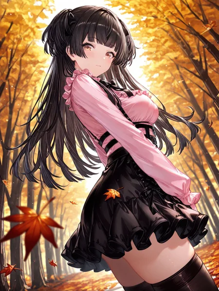 <lora:spo_sdxl_10ep_4k:1>, masterpiece, best quality, 1girl, solo,
mayuzumi fuyuko, black hair, brown eyes, long hair, two side up, blunt bangs, medium breasts, black bow, black bowtie, black ribbon,
black skirt, bow, bowtie, frilled shirt, frills, jirai kei, long sleeves, neck ribbon, pink shirt, ribbon, shirt, skirt, white shirt, black thighhighs, zettai ryouiki,
sexy leg, looking back, from side, from below,
BREAK
<lora:GBF_Illustrious:1>, gbf_style, <lora:vrchat:1>, blurry foreground, blurry background, A forest landscape in autumn, covered in vibrant autumn leaves.,