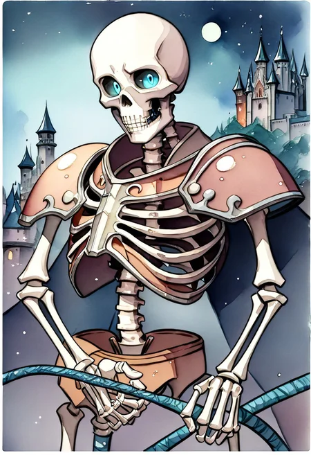 (((anatomical hands))), skeleton with knight armor standing with a long sword, blue eyes, score_9, score_8_up, score_7_up, score_6_up, score_5_up, score_4_up, ((skeleton)), black rusty armor, (((jeweled headband))), stylized brown breastplate, (((whip))), steel sword, ((((whip with handle)))), ((single sword in hand)), ((action pose)), (((((single pauldron))))), metal wristbands, (((((bald))))), ((((castle background)))), bright moon, dark cloudy skies, blu glowing eyes, black sclera, empty eyes, (watercolor painting:2), night, ((spooky backdrop)),, spooky castle behind, bats flying, bones with fissures