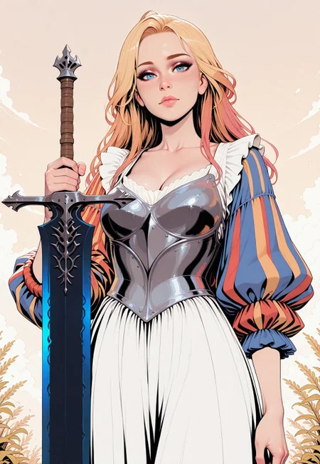 HDR, 8K, high contrast, masterpiece, best quality, amazing quality, very aesthetic, realistic, newest, (artist:incase:0.5), (artist:tsuaii:0.5), (flat colors:2),
1girl, upper body, (sky background), dynamic lighting, standing, holding greatsword with two hands, simple steel breastplate, (landsknecht), white clothes, colorfull clothes, looking at viewer, close up portrait, (white steel blade:2), blonde hair, blue eyes,