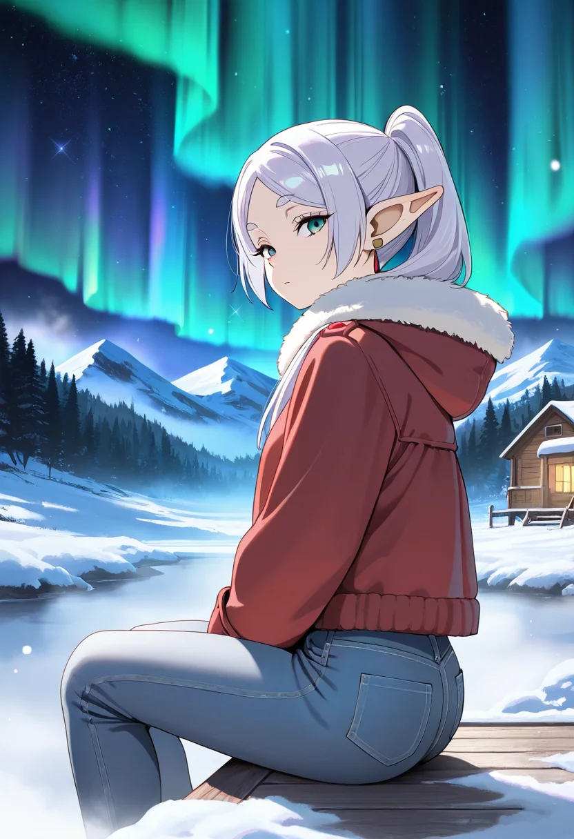 frieren, masterpiece, best quality, amazing quality, 1female, solo, adult, fur trimmed jacket, fog, snow, mountain, denim pants, sitting on deck, cabin, from side, night, forest, looking at viewer, particles, stars, aurora,