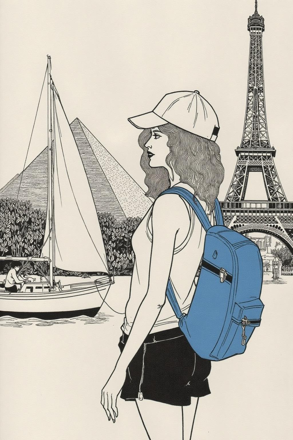 aubreybeardsley1 illustration.
A woman in a white tank top and black shorts. She is wearing a white baseball cap. She has a blue backpack on her back. Behind her is the Eiffel tower. To the left of the woman is a white sailboat. Behind the sailboat is a pyramid  <lora:aubreybeardsley3_cap_d6a3e12:1.0><lora:844806946281281316:0>