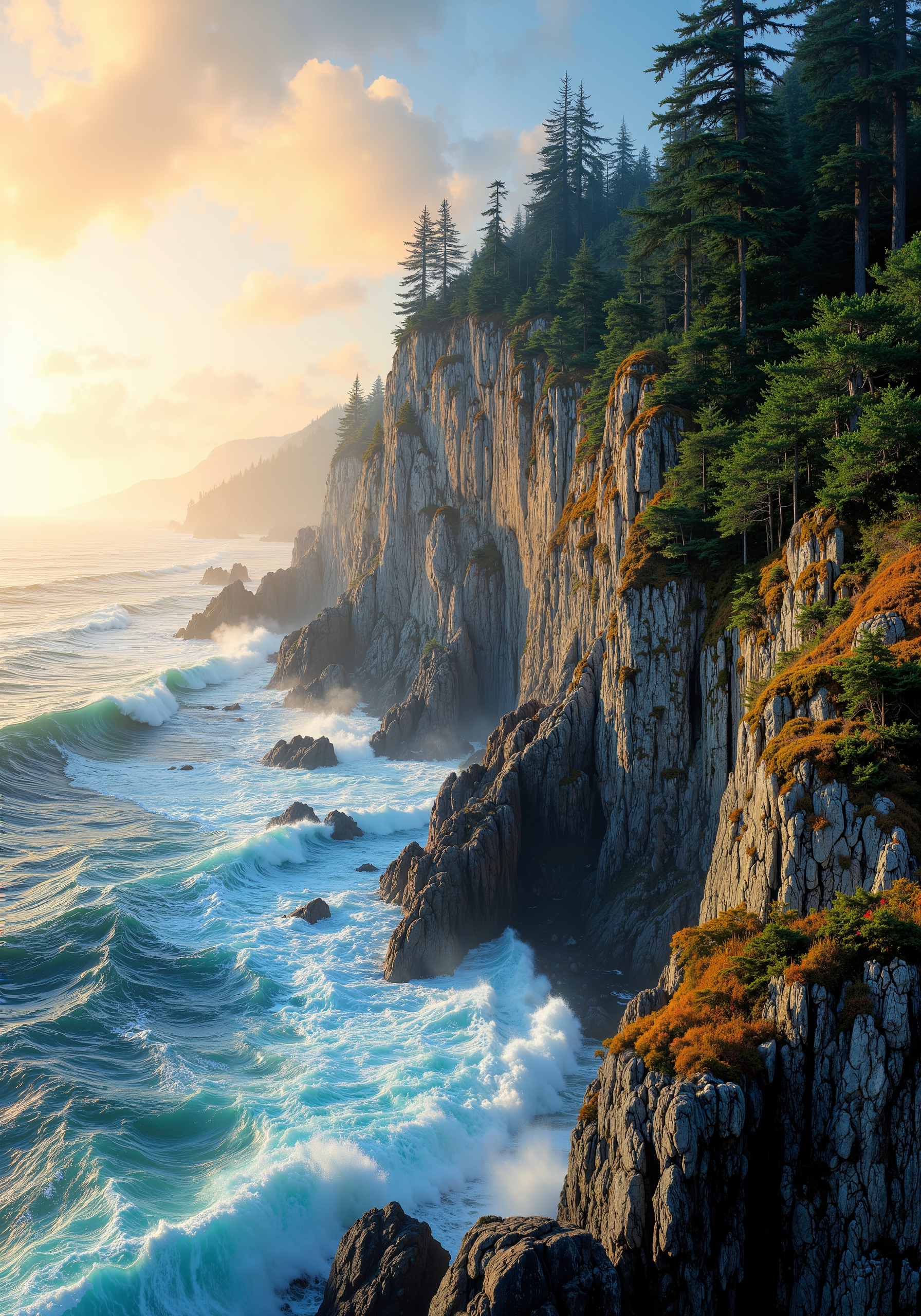 Vibrant coastal cliff, rugged rock encrusted with ancient moss, sweeping view from low-angle tracking perspective, tumultuous ocean waves beneath. Expansive pastel dawn sky, dynamic mist over deep, lush forest canopy. Detailed stone textures, glistening sea spray, refined natural gradients, crisp 8k quality, masterpiece clarity. Intricate interplay of soft golden light, cool shadows, bold azure horizon, rich emerald foliage. Serene ambiance, commanding spatial composition, natural patterns, weathered textures, evocative atmosphere, unparalleled detail, sublime natural artistry, harmonious contrast between dramatic perspective and intimate coastal nuance. <lora:Rainbow_on_black_style-000003:0.4> <lora:Vintage comic book:0.7> <lora:flux_dev:1>