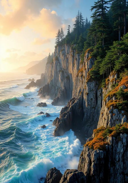 Vibrant coastal cliff, rugged rock encrusted with ancient moss, sweeping view from low-angle tracking perspective, tumultuous ocean waves beneath. Expansive pastel dawn sky, dynamic mist over deep, lush forest canopy. Detailed stone textures, glistening sea spray, refined natural gradients, crisp 8k quality, masterpiece clarity. Intricate interplay of soft golden light, cool shadows, bold azure horizon, rich emerald foliage. Serene ambiance, commanding spatial composition, natural patterns, weathered textures, evocative atmosphere, unparalleled detail, sublime natural artistry, harmonious contrast between dramatic perspective and intimate coastal nuance. <lora:Rainbow_on_black_style-000003:0.4> <lora:Vintage comic book:0.7> <lora:flux_dev:1>
