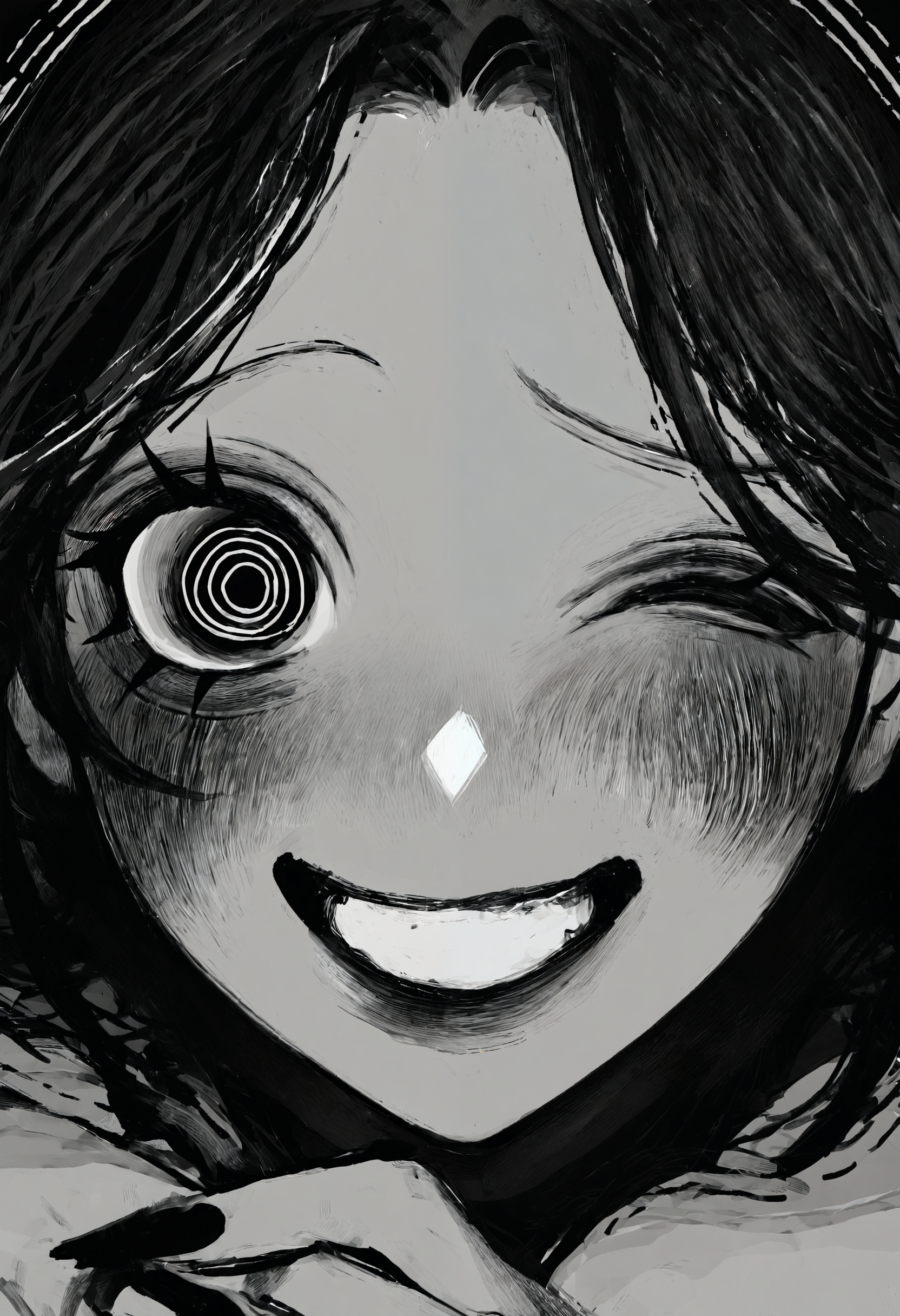 <lora:TnhocXQ=-noobaiXLNAIXL_epsilonPred_V110_V1-CAME>, Tnho, monochrome, greyscale, 1girl, smile, one eye closed, solo, looking at viewer, own hands together, blush, fingernails, portrait, nail polish, close-up, crazy eyes, @_@, makeup, ringed eyes, crazy smile, grin, parted bangs, black nails