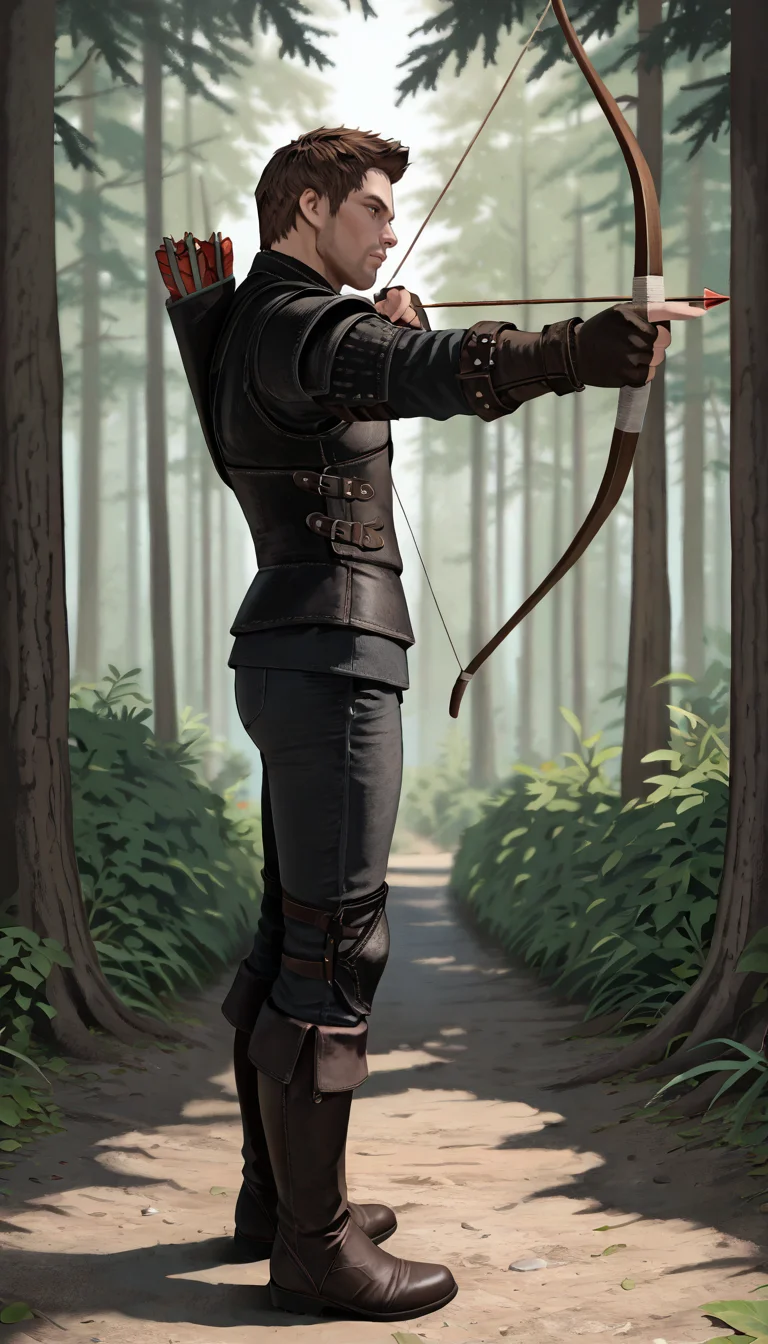 masterpiece, best quality, newest, perfect quality, best quality, detailed background, intricate details, male focus, solo, <lora:Skyrim Romance Mod - Bishop - Illustrious 2-000007:0.7>, srm_bishop, 1boy, mature male, brown hair, very short hair, yellow eyes, stubble, leather armor, fingerless gloves, pants, boots, forest, bow (weapon), aiming bow, from side, quiver (arrow), hunting stance