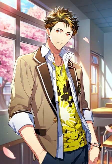1boy, male focus, solo focus,
<lora:Character - Wind Boys - Reito Tsuji:1> reitotsuji, black hair, multicolored hair, red eyes, bracelet, necklace, earrings,
((zPDXL)), score_9_up, score_8_up, score_7_up, score_6_up, score_5_up, score_4_up, best quality, amazing quality, best aesthetic, absurdres, year2023, uncensored, nsfw, official art, official style, depth of field, detailed eye,
indoors, window, cowboy shot, classroom, standing, notice lines, noticing viewer, cherry blossoms,
school uniform, yellow shirt, necklace, bracelet, blazer,