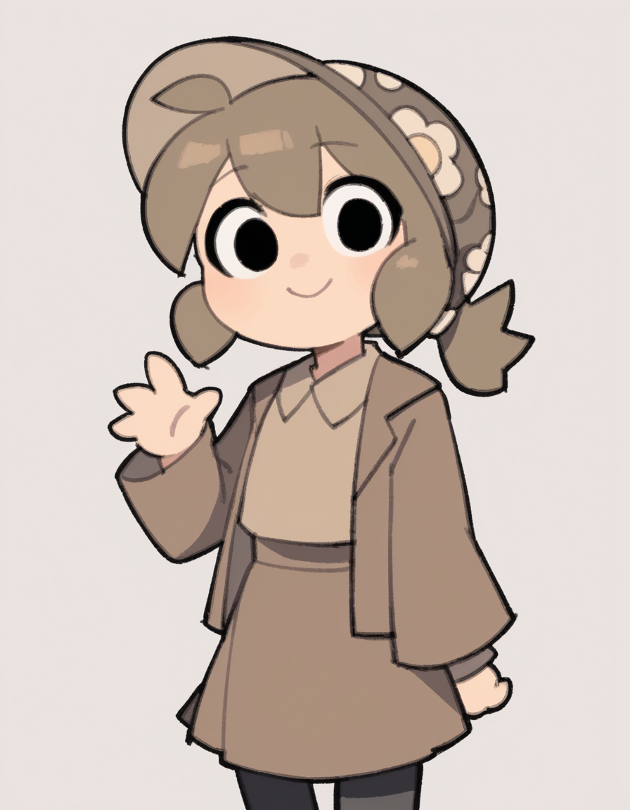 zPDXL, score_9, score_8_up, score_7_up, source_anime, flat color, sketch,
1girl, solo,  <lora:TemmieChang_ver2:1> tmchng, brown hair, low ponytail, brown hat, brown jacket, brown shirt, brown skirt, black leggings, black eyes, chibi, looking at viewer, happy,