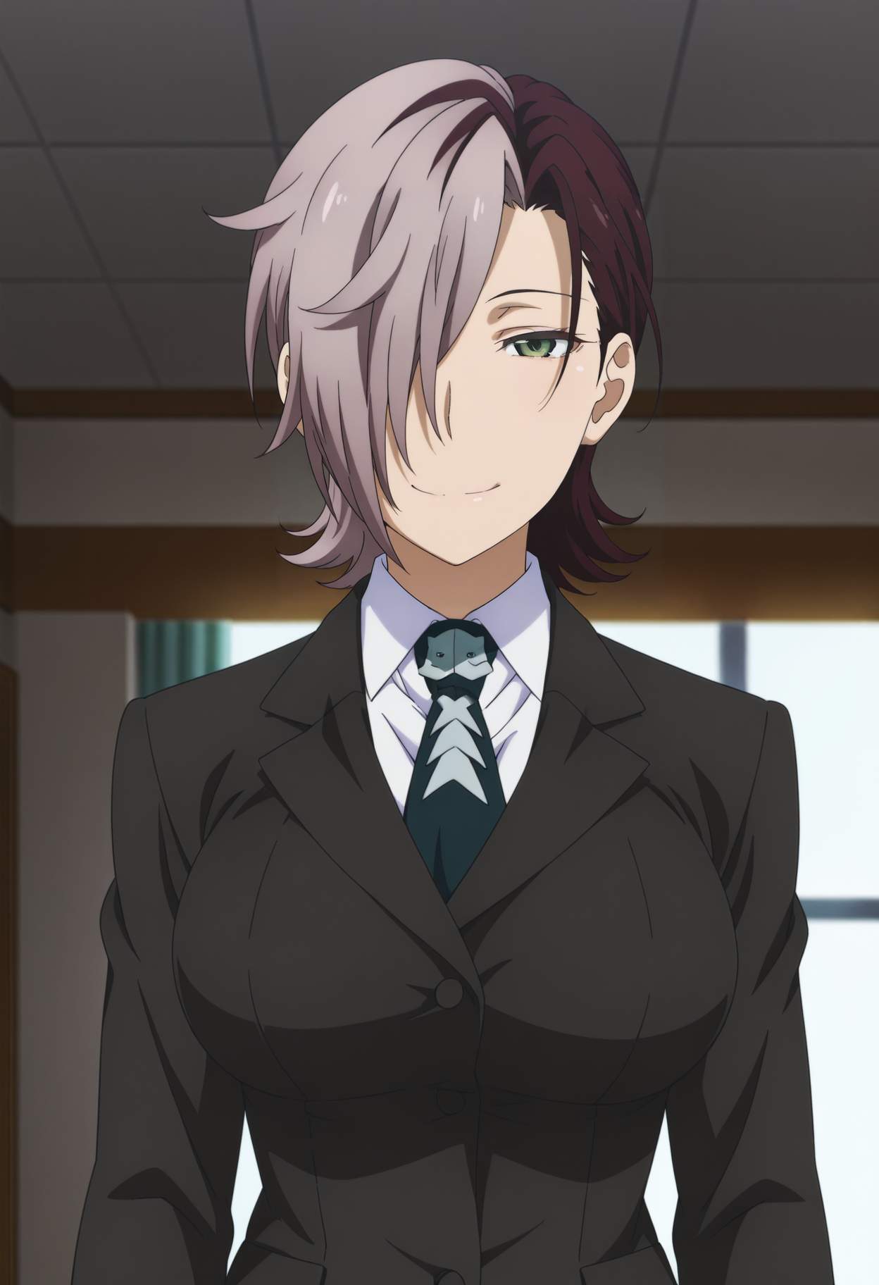 1girl,solo,mm,mature female,hair over one eye,multicolored hair,short hair,brown hair,black hair,green eyes,large breasts,anime coloring,
necktie,formal,suit,white shirt,jacket,upper body, looking at viewer, smile,indoors
,masterpiece,best quality,amazing quality,<lora:Kazane_Kagari-Witch_Craft_Works_IL:0.8>
