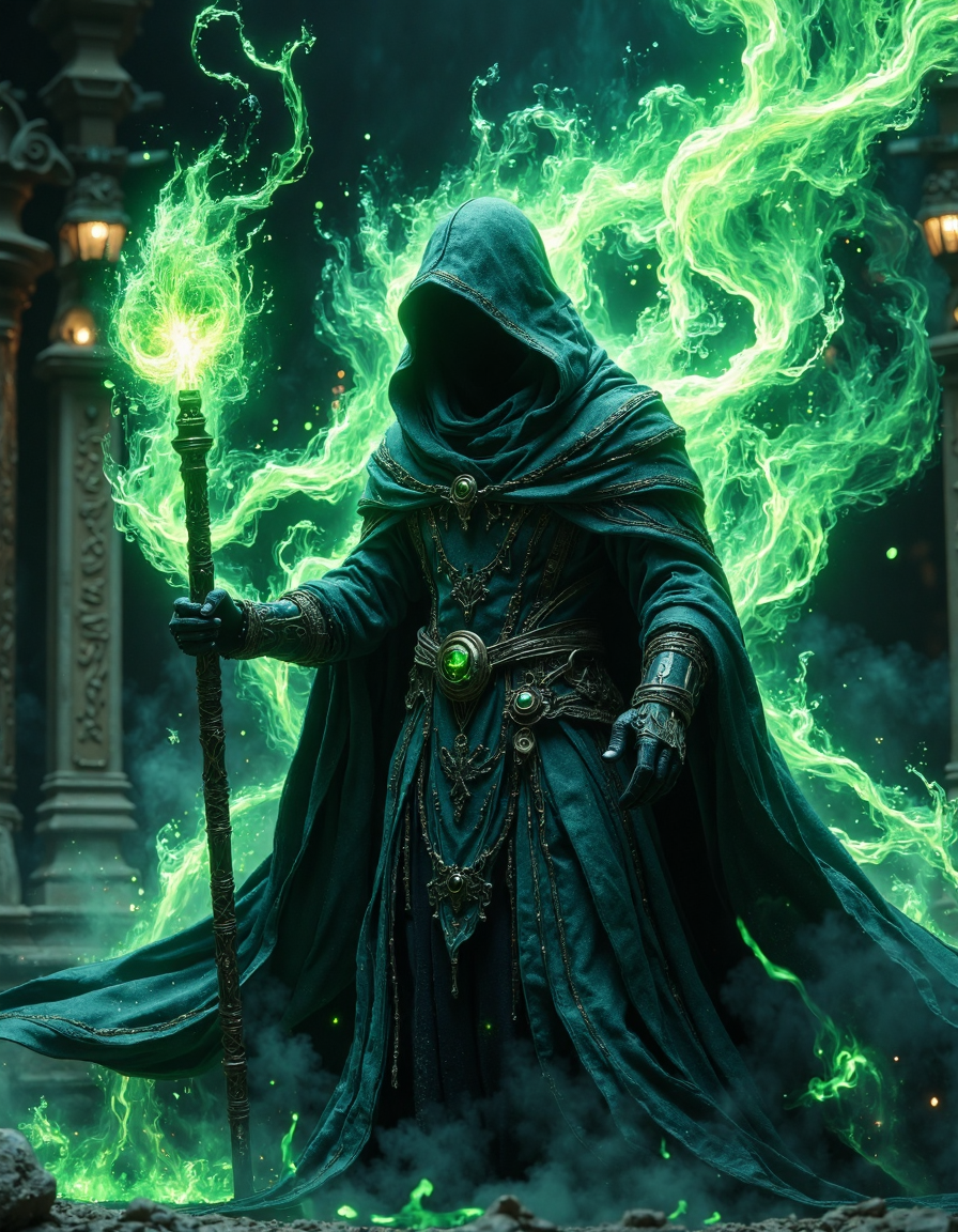 highly detailed cinematic scene, Dark, hooded figure detailed robe, wielding glowing green staff, centered in frame, facing forward, powerful magical energy green aura, dark mystical background with swirling green flames, ancient runes, and ruined temple elements detailed architecture, deep teal and black color palette, high contrast lighting, dramatic, fantasy, 8k resolution, shallow depth of field, vignette, highly detailed, bokeh, moody, epic, gorgeous, film grain, grainy, HKMagic, <lora:FantasyWizardWitchesFluxV2-000001:1>, <lora:Elden_Ring_-_Yoshitaka_Amano:0.4>, <lora:fluxenhancer:0.4>