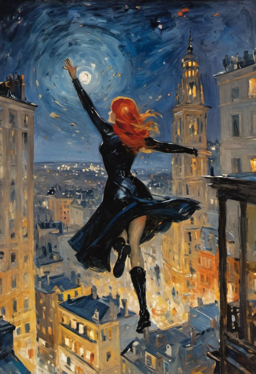 impressionist painting by Berthe Morisot, very rough painting with visible paint strokes, (dynamic_angle), 
Batwoman swinging between buildings, burning midnight costume, high boots, clothes like midnight full of stars, Night light, sharp shadows, moon lit, 
looking out over city, City landscape, dystopian city, crowds of people, 
standing high above stret, illustration,