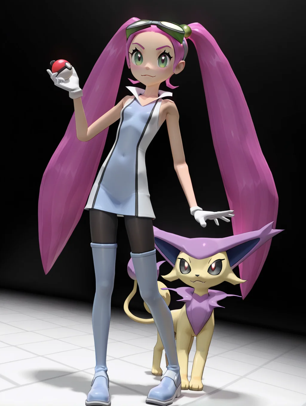 <lora:Lovrina_IL_NS:1> 1girl, lovrina, white gloves, short dress, pantyhose, thighboots, goggles on head, 3d,holding, pokeball, pokeball \(basic\), BREAK 1other, delcatty, pokemon \(creature\), masterpiece, best quality, amazing quality, very aesthetic, absurdres, new, newest,