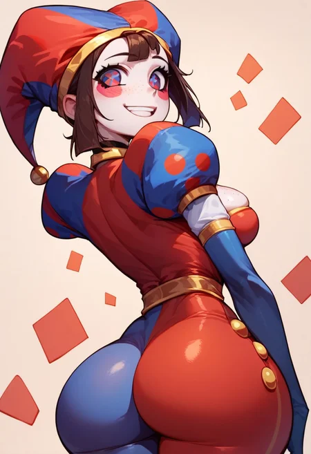 score_9, score_8_up, score_7_up, Expressiveh, source_anime, masterpiece, score_9, score_8_up, score_7_up, source_anime,
,
pomni, choker, Freckles, (horns,:0.1), jester cap,blush stickers,
,
teardrop breasts, narrow waist, big ass, thick tighs,
,
standing, smile, arched back, knee shot,
,
simple background