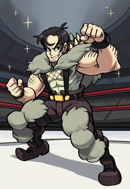 masterpiece, best quality, newest, absurdres, highres, very awa, 1boy, male, male focus, beowulf \(skullgirls\), official art, solo, fighting stance, full body, grin, looking at viewer, wrestling ring, stadium, sparkle