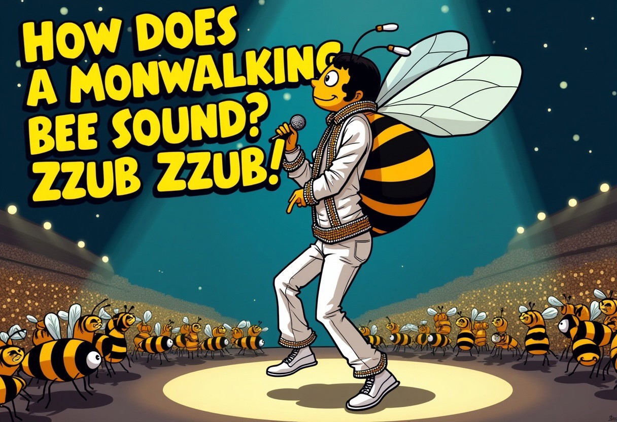 A picture of a comicstyle Bee doing a moonwalk (michale jackson style). Over the bee there are yellow bold letters reading: 
"HOW DOES A MMONWALKING BEE SOUND? ZZUB ZZUB!"
The Bee wears white michael jackson clothing holding a microphone.
The Bee performs on a stadium size stage. The audience is full with other yellow and black striped bees.