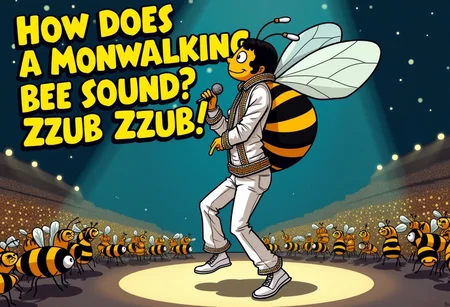 A picture of a comicstyle Bee doing a moonwalk (michale jackson style). Over the bee there are yellow bold letters reading:
"HOW DOES A MMONWALKING BEE SOUND? ZZUB ZZUB!"
The Bee wears white michael jackson clothing holding a microphone.
The Bee performs on a stadium size stage. The audience is full with other yellow and black striped bees.