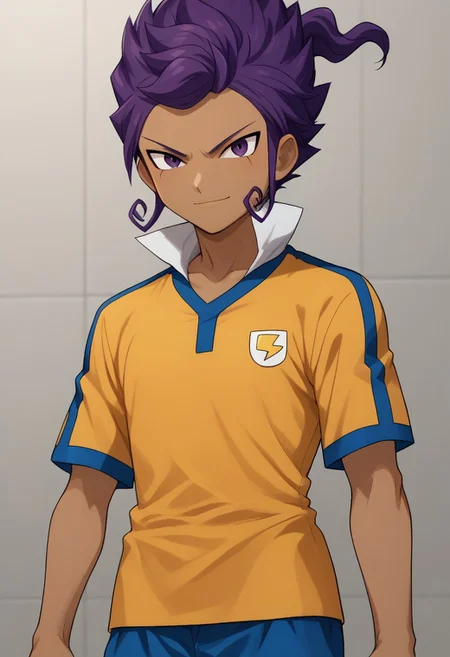 score_9, score_8_up, score_7_up, source_anime, highly detailed,
tsurugi, 1boy, male focus, solo, dark skin, dark-skinned male, purple hair, purple eyes, sportwear, raimon, raimon soccer uniform, shirt, yellow shirt, short sleeves, shorts, blue shorts, upper body, smile, determined
outdoor,