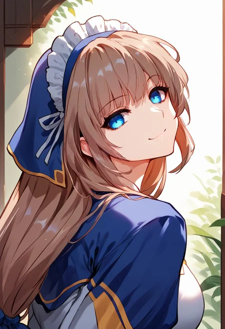 zPDXL3, score_9_up, score_8_up, score_7_up, (Anime_source), 1girl, Sistina, light brown hair, blue eyes, long hair, low tie ponytail, Sistina maid clothes, upper body, looking at viewer, empty eyes, smile, closed mouth, glowing body, shaded face, shaft look, looking back, from behind, head tilt,