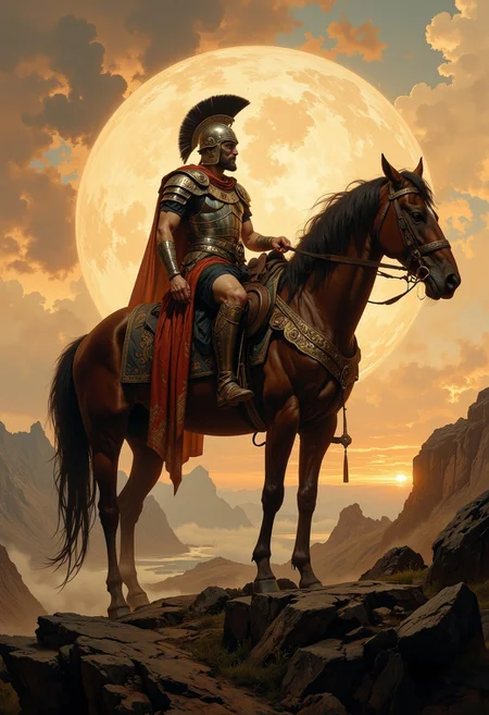 8k high quality digital painting , masterpiece, very detailed, ultra realistic, (best quality) very detailed epic masterpiece, unearthly beautiful, Rembrandt realistic oil painting, retro artstyle, score_9, score_8_up, score_9_up, very detailed, ultra realistic, (best quality) full body, an ancient Greek warrior on his horse stands on a cliff and looks into the distance, breastplate, helmet, low sun casting long shadows, sunset, backlight, full body, realistic, realism, photo realistic, photo realistic, full body, realistic, realism, , scary, realistic very dramatic lighting, rembrandt style, vermeer style, realistic realistic, realism, photo realistic oil painting, photo realistic painting