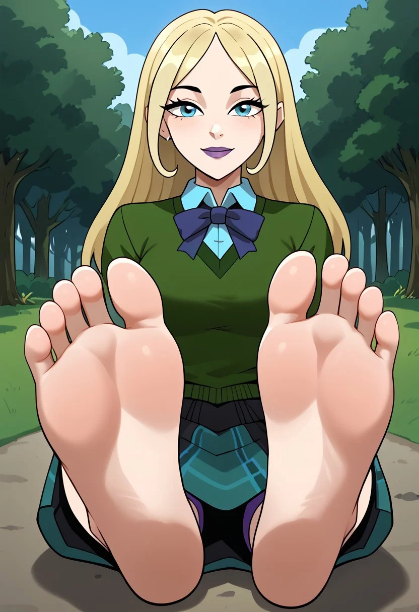 score_9, score_8_up, score_7_up, score_6_up, score_5_up, score_4_up, source_anime, BREAK, (masterpiece:1.4), (best quality:1.2), expressive eyes, perfect face, 4 toes in left foot, 4 toes in right foot, (perfect anatomy), (accurate anatomy), perfect feet, perfect soles, 1 girls, feet, soles, toes, foot focus, front view, smile, cute expression, clean feet, sitting, hands on ground, showing feet, barefoot, PONYXL_WaifuFeetPics_ownwaifu, total drama, 1girl, light blonde hair, long hair, blue eyes, black eyebrows, purple lips, sweater, cyan collared shirt, skirt, Dawn_(Total_Drama), tdroti, cute, <lora:e9bfee19-d988-4872-866b-5e49203a482f:0.8>, <lora:12de6fd5-f849-42f5-bb01-93efa3766c7f:0.8>