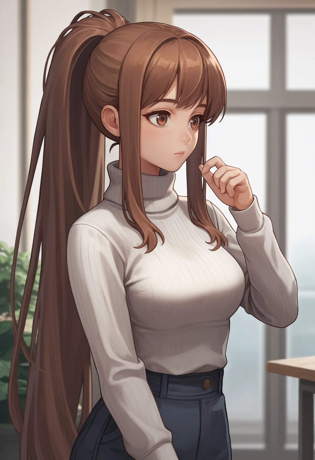score_9, score_8_up, score_7_up, source_anime BREAK 1girl, solo, <lora:idollflower-nikke-richy-v1_pdxl:1> idllflwr, brown eyes, brown hair, very long hair, ponytail, turtleneck sweater, white sweater, ribbed sweater