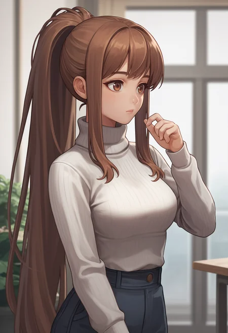 score_9, score_8_up, score_7_up, source_anime BREAK 1girl, solo, <lora:idollflower-nikke-richy-v1_pdxl:1> idllflwr, brown eyes, brown hair, very long hair, ponytail, turtleneck sweater, white sweater, ribbed sweater