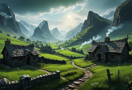 masterpiece, best quality, ultra detailed, 8k, a breathtaking panorama of a death, hidden valley nestled between eerie mountains. The valley should be filled with corrupted trees, creating a dark atmosphere in the landscape. Include a green poisoned river winding through the valley, with a ruined stonebridge spanning its width. Depict a small, rustic village in the distance, with smoke gently rising from the chimneys stone cottages. Add a sense of horror and undead, such as raven grazing peacefully and dragons soaring overhead. Ensure the overall atmosphere is horrorific, capturing the corrupted nature of the undead
