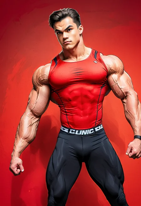 (cartoon sketch style with strong lineart strokes:1.4), BESIDE , dynamic pose, (armpit:1.3),arrogant 17 year old, handsome, , 1boy ,young face, solo,teenager,
[oil painting:graphite sketch:0.45].
wearing compression tights:laycra, (compression sleeveless t-shirt:1.4),
a cruel and bloodthirsty comic book villain,
color block background:dynamic scene.
 <lora:add-detail-xl:0.8> <lora:xl_more_art-full_v1:0.8>, 
BREAK,
 <lora:bodybuildingsex:0.45> bodybuildingsex,massive pectoral,large pecs, (thick thighs), beefy muscle,
BREAK,
Handmade and unfinished drawing style thick strokes and sketch style: [based on DC comics:based on dragon ball comics:0.65].