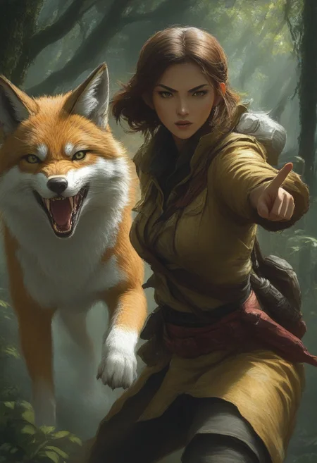 Ranger and nine-tailed fox, 1woman, pointing, charging, jungle, pokemon