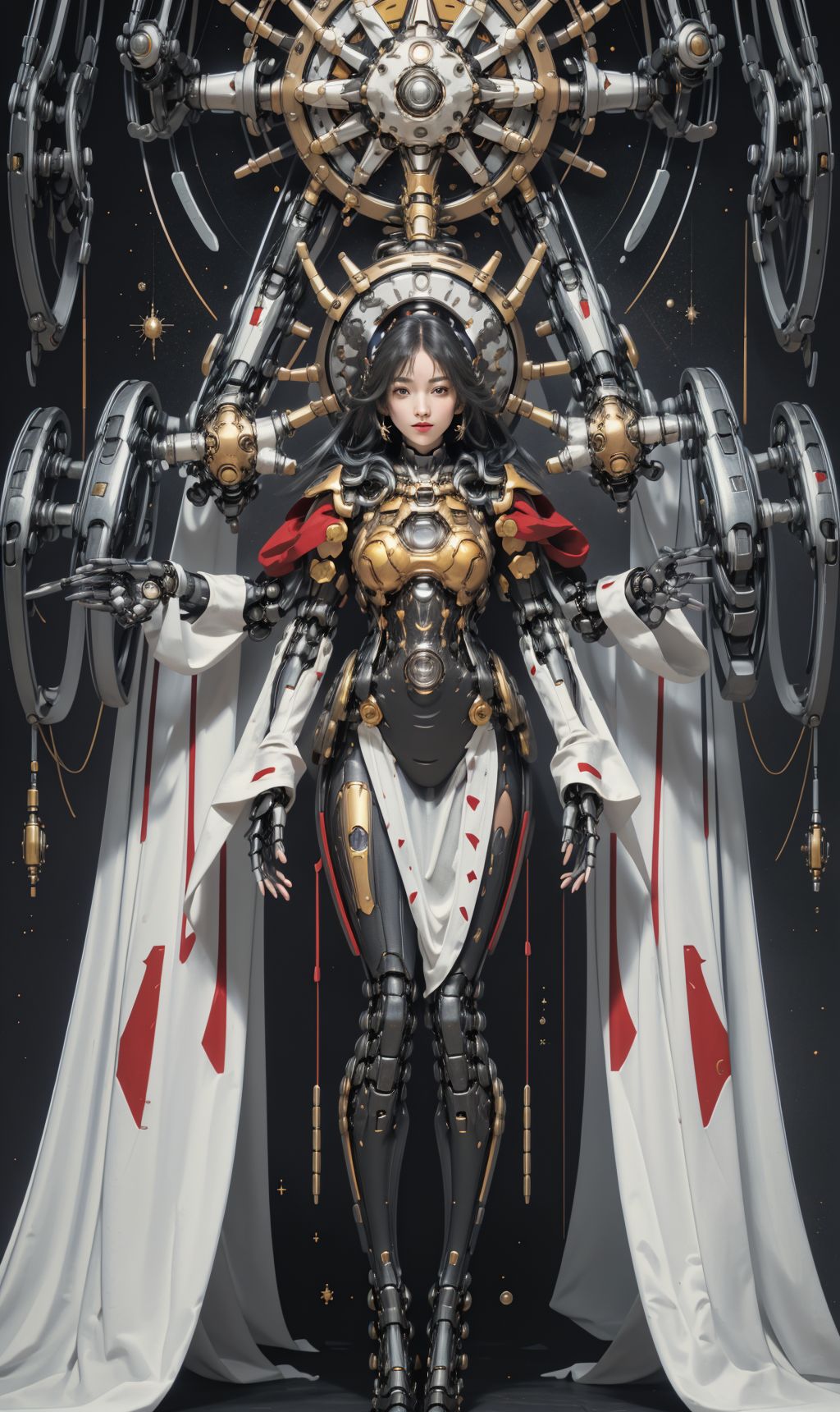 <lora:tarot_mecha:1>,1girl,mecha,full body,Tarot, red armor, star map,simple background,  <lora:animetarotV51:0.8>, <lora:techpriest:0.6>, mechanical arms, steampunk, hood, robe, techpriest, (masterpiece, best quality, high quality, highres, ultra-detailed),