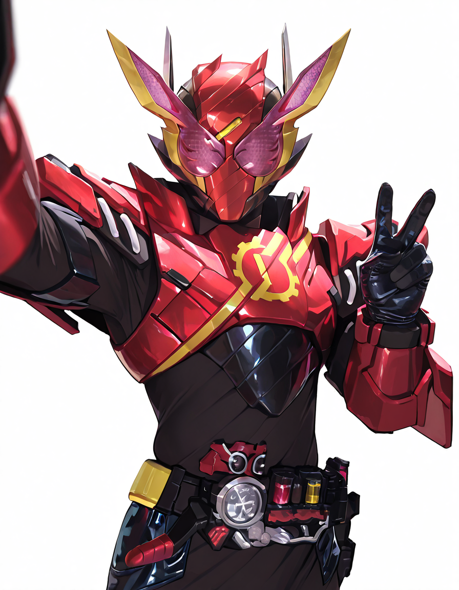 zigou masterpiece, best quality, amazing quality, very aesthetic, absurdres, selfie of KRBITBIT, robot, solo, KBIT helmet, KBIT armor, KBIT bodysuit, KBIT belt, KBIT holster, KBIT gloves, peace sign, white background zigou <lora:zigouILL:1> <lora:Kamen_Rider_Build_-_Masked_Rider_Build_ä»®é¢ã©ã¤ãã¼ãã«ã_16_in_1_v2:1>