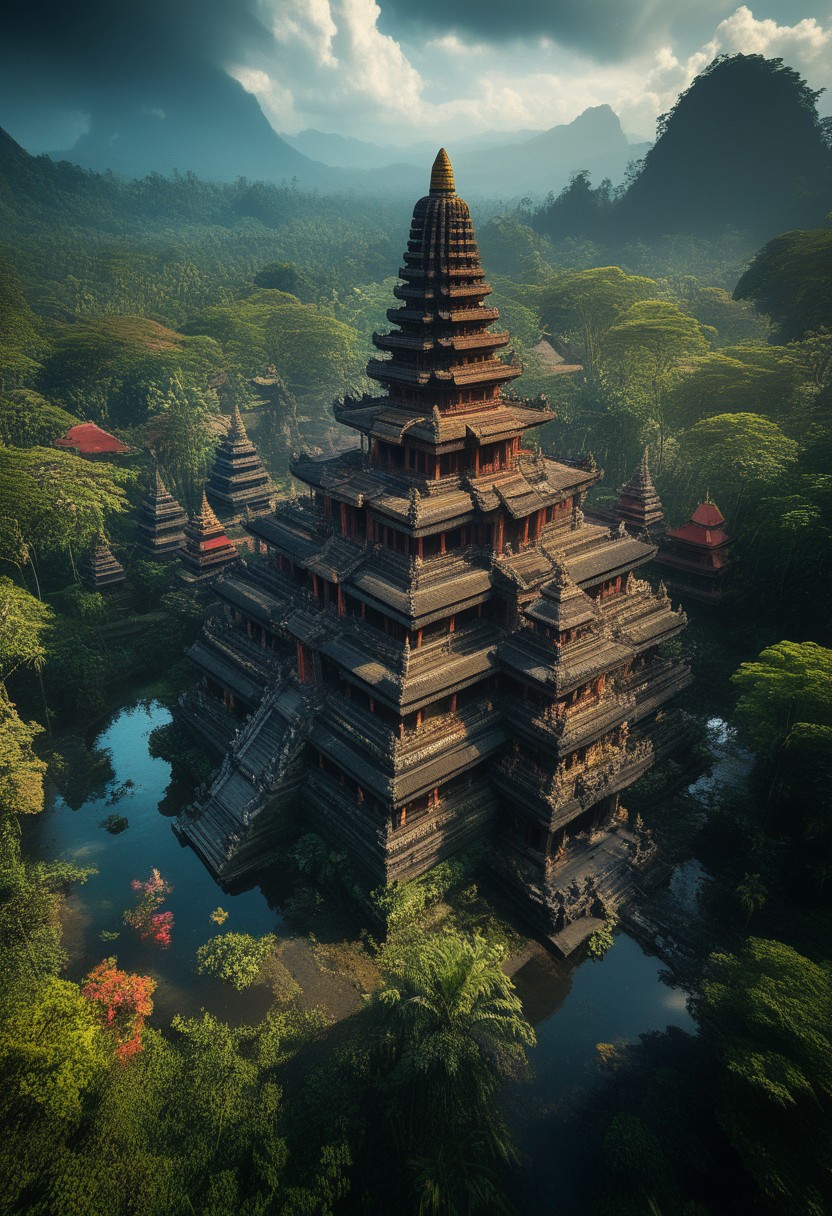 Create a photorealistic image of a huge Indonesian temple areal, a rich and complex image of nature and architecture, a vibrant tissue of hues and textures captured digitally, best quality, double exposure, realistic, captivating, fantastical, splash art, intricately detailed, hyper detailed, maximalist style, photorealistic, concept art, sharp focus, harmony, serenity, calm, mysterious glow, dynamic lighting, masterpiece, superb composition, finest details, highest aesthetics, strong muted highlighter,  mystical glow, best quality, sharp focus, high contrast, stylized, clear, colorful, ultra quality, 8k, best quality, masterpiece,midjourneyv6.1