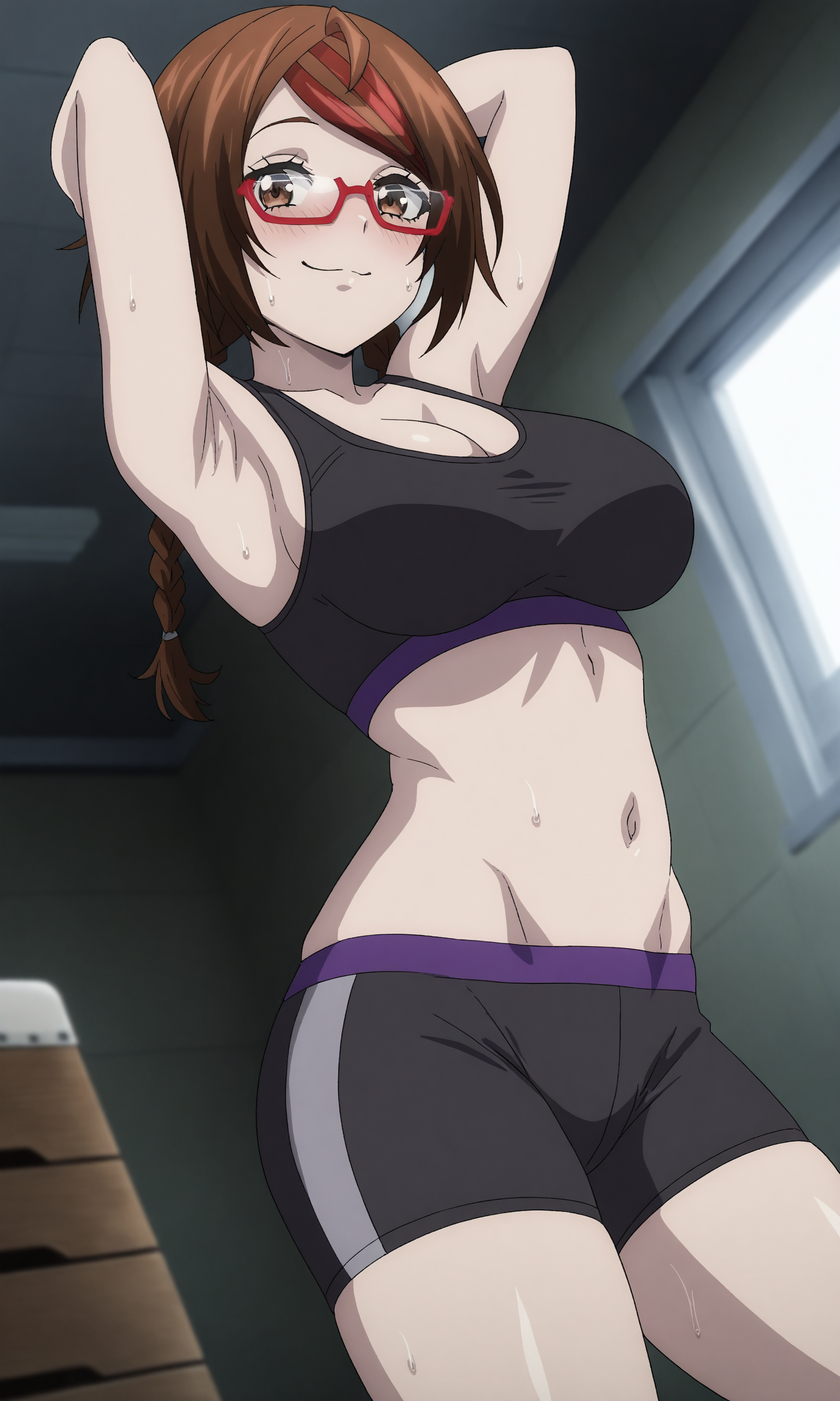 masterpiece, best quality, high resolution, absurdres, 1girl, sakimiya_misaki, brown_eyes, brown_hair, short_hair, twin_braids, streaked_hair, large_breasts, red-framed_eyewear, black_sports_bra, bike_shorts, naughty_face, sweat, looking_at_viewer, gym, indoors, arms_above_head, armpits, dutch_angle, navel,