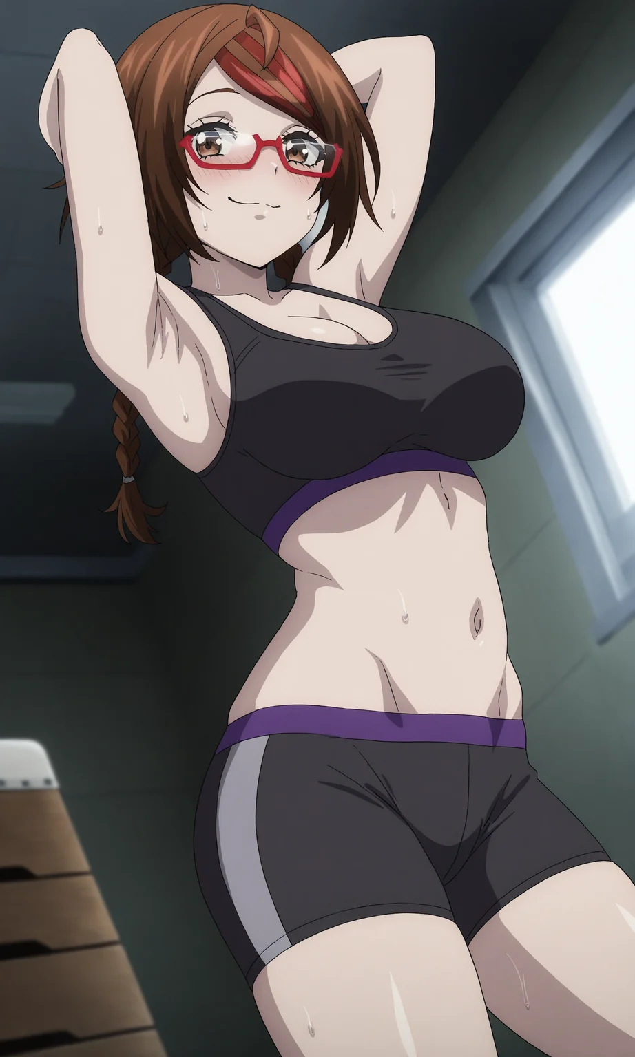 masterpiece, best quality, high resolution, absurdres, 1girl, sakimiya_misaki, brown_eyes, brown_hair, short_hair, twin_braids, streaked_hair, large_breasts, red-framed_eyewear, black_sports_bra, bike_shorts, naughty_face, sweat, looking_at_viewer, gym, indoors, arms_above_head, armpits, dutch_angle, navel,