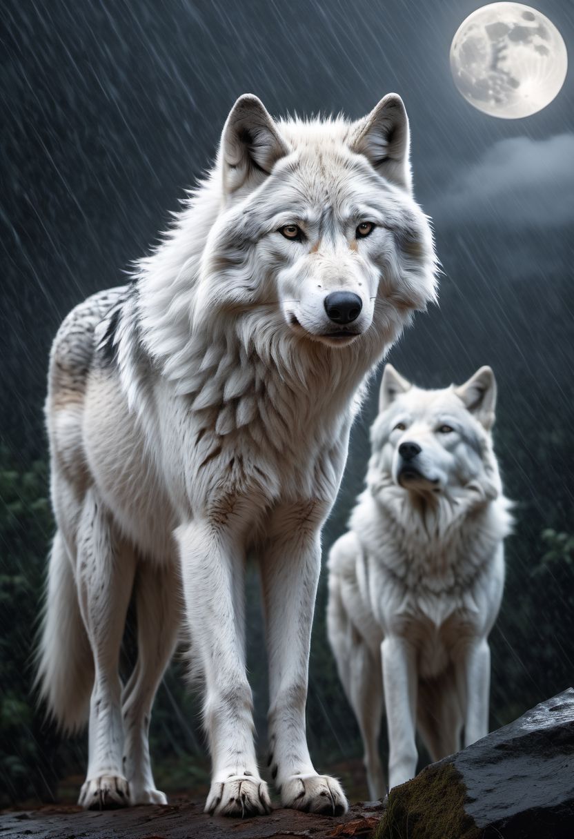 white-gray wolf, sad, determined. lonely wolf, abandoned by his friends, looking at his friends from far away, (((howling))), extremely sad composition, masterpiece,  white fur, Royal, in a heavy rain, full moon, it's head is down, Photorealistic, volumetric shading, Hyperdetailed, perfect composition, beautiful detailed, 8k artistic photography, volumetric cinematic perfect light, award - winning photograph,