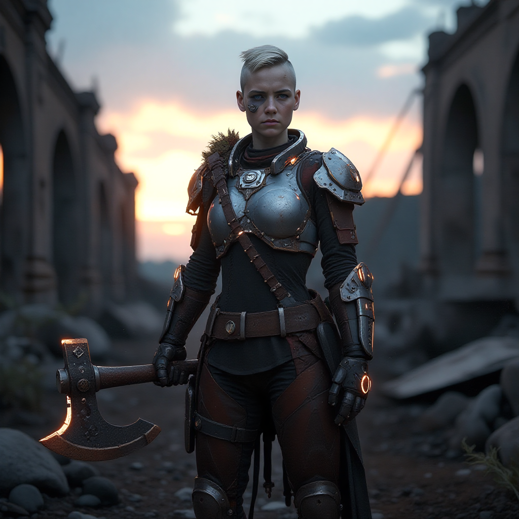 As the twilight's dim light casts an ethereal glow, a vikingpunk warrior stands proudly amidst the post-apocalyptic ruins, her advanced exosuit emitting bioluminescent electricity. Her undercut hair with shaved sides, framing her determined expression heterochromia eyes with one mechanical dimly lit eye and one natural eye, full of purpose. She wields a futuristic battleaxe, its edge shimmering with power, prepared for any trial. The desolate landscape, marked by rust and wear and heavy patina of her exosuit and weapon, becomes a stage for her resilience. The exosuit, covering her torso and legs, showcases a blend of ancient Viking culture and futuristic technology, leaving a lasting impression of strength and adaptability in this harsh, Nordic-inspired world.  <lora:flux/The beauty of realism (FLUX)>, Beauty, chiaroscuro, play of shadow and light, realistic.  <lora:flux_trainer/vikingPunk_v2_rank64_bf16-step01500:0.8>, <lora:postApocalypse_v1:0.6>, <lora:flux/Sinfully_Stylish_.02_for_FLUX-000002>,  <lora:flux/aidmaImageUpgrader-FLUX-V0.1>, detailmaximizer,  <lora:flux/perfection style v1>, perfection style, <lora:Magic of Art  2  (FLUX)>, Cinematic style, Beauty, Realism, Photorealism, Chiaroscuro, High quality,