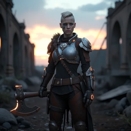 As the twilight's dim light casts an ethereal glow, a vikingpunk warrior stands proudly amidst the post-apocalyptic ruins, her advanced exosuit emitting bioluminescent electricity. Her undercut hair with shaved sides, framing her determined expression heterochromia eyes with one mechanical dimly lit eye and one natural eye, full of purpose. She wields a futuristic battleaxe, its edge shimmering with power, prepared for any trial. The desolate landscape, marked by rust and wear and heavy patina of her exosuit and weapon, becomes a stage for her resilience. The exosuit, covering her torso and legs, showcases a blend of ancient Viking culture and futuristic technology, leaving a lasting impression of strength and adaptability in this harsh, Nordic-inspired world.  <lora:flux/The beauty of realism (FLUX)>, Beauty, chiaroscuro, play of shadow and light, realistic.  <lora:flux_trainer/vikingPunk_v2_rank64_bf16-step01500:0.8>, <lora:postApocalypse_v1:0.6>, <lora:flux/Sinfully_Stylish_.02_for_FLUX-000002>,  <lora:flux/aidmaImageUpgrader-FLUX-V0.1>, detailmaximizer,  <lora:flux/perfection style v1>, perfection style, <lora:Magic of Art  2  (FLUX)>, Cinematic style, Beauty, Realism, Photorealism, Chiaroscuro, High quality,