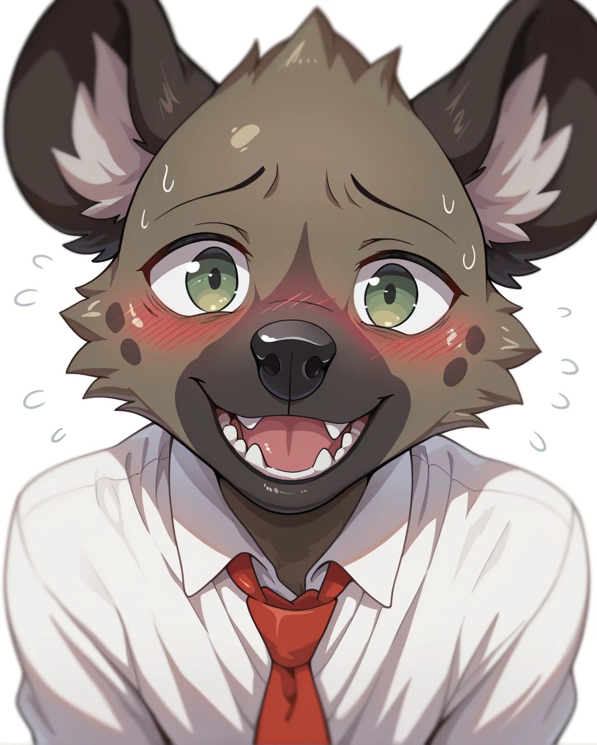 <lora:Haida__Aggretsuko__Character_Illustrious:1>,
masterpiece, best quality, amazing quality, very aesthetic, depth of field, focused subject, stylized, white background, simple background, bust portrait,
furry, haida, hyena, (((male))), green eyes, solo,
white dress shirt, red necktie,
looking at viewer, open smile, nervous smile, blush,