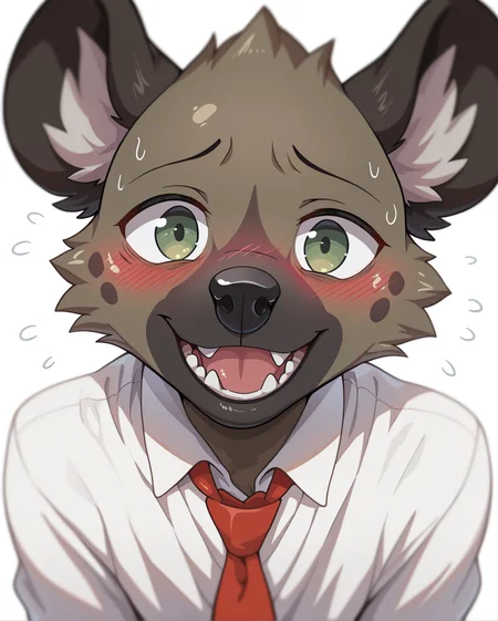 <lora:Haida__Aggretsuko__Character_Illustrious:1>, 
masterpiece, best quality, amazing quality, very aesthetic, depth of field, focused subject,  stylized,  white background, simple background, bust portrait,
furry, haida, hyena, (((male))), green eyes, solo, 
white dress shirt, red necktie, 
looking at viewer, open smile, nervous smile, blush,