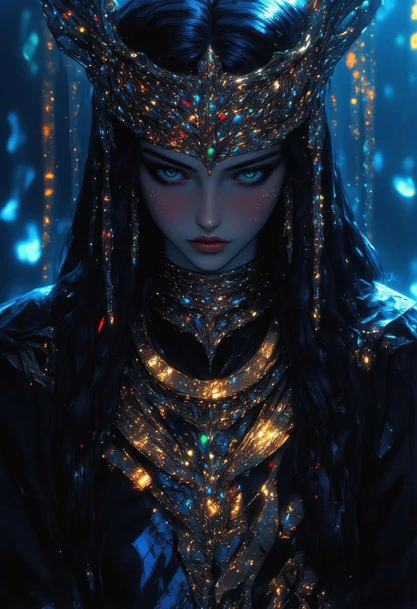 In the haunting stillness of a forgotten forest, she emerges—an ethereal beauty, draped in ancient elegance, her gaze both fierce and enigmatic, as if guarding secrets lost to time. A striking, avant-garde anime-style portrait of a beautiful woman in ceremonial, ancient folk attire, blending high-fashion editorial aesthetics with a dark fantasy essence. Her outfit, inspired by traditional and mystical designs, is adorned with vintage jewels and intricate headpieces that evoke a timeless power and ethereal allure. Stylized with sharp, high-quality Japanese anime art, her expression is intense, mysterious, and hauntingly captivating, conveying both beauty and strength. The scene is set in a misty forest under low light, where cool, muted color tones dominate, emphasizing desaturated rich blues with subtle contrasts of shadow and light. Cinematic lighting adds a dramatic edge, casting her figure in delicate shadowplay that accentuates her form and the textures of her garments. The subtle grain texture and muted yet vivid tones of her ceremonial attire exude an otherworldly atmosphere, enhanced by hints of avant-garde elegance. The artistry of her attire—a seamless fusion of high-fashion editorial style and folklore—creates an iconic, powerful, and stylish portrayal, capturing a vision of timeless beauty wrapped in mystery. mythp0rt, midjourney_whisper_avant_couture, ne0nfant4sy,velvet_myst,