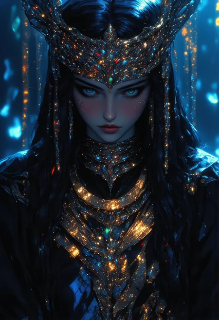 In the haunting stillness of a forgotten forest, she emerges—an ethereal beauty, draped in ancient elegance, her gaze both fierce and enigmatic, as if guarding secrets lost to time. A striking, avant-garde anime-style portrait of a beautiful woman in ceremonial, ancient folk attire, blending high-fashion editorial aesthetics with a dark fantasy essence. Her outfit, inspired by traditional and mystical designs, is adorned with vintage jewels and intricate headpieces that evoke a timeless power and ethereal allure. Stylized with sharp, high-quality Japanese anime art, her expression is intense, mysterious, and hauntingly captivating, conveying both beauty and strength. The scene is set in a misty forest under low light, where cool, muted color tones dominate, emphasizing desaturated rich blues with subtle contrasts of shadow and light. Cinematic lighting adds a dramatic edge, casting her figure in delicate shadowplay that accentuates her form and the textures of her garments. The subtle grain texture and muted yet vivid tones of her ceremonial attire exude an otherworldly atmosphere, enhanced by hints of avant-garde elegance. The artistry of her attire—a seamless fusion of high-fashion editorial style and folklore—creates an iconic, powerful, and stylish portrayal, capturing a vision of timeless beauty wrapped in mystery. mythp0rt, midjourney_whisper_avant_couture, ne0nfant4sy,velvet_myst,