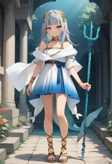 score_9, score_8_up, score_7_up, source_anime, beautiful detailed face, BREAK, GAWR GURA, 
1girl, solo, long hair, looking at viewer, blush, smile, bangs, blue eyes, hair ornament, dress, holding, bare shoulders, jewelry, closed mouth, blue hair, standing, collarbone, tail, full body, weapon, grey hair, multicolored hair, virtual youtuber, blunt bangs, off shoulder, nail polish, holding weapon, white dress, bracelet, streaked hair, sandals, polearm, blue nails, toenails, shawl, toenail polish, fish tail, shark tail, trident, laurel crown, gradient dress, greek clothes, gladiator sandals, gawr gura