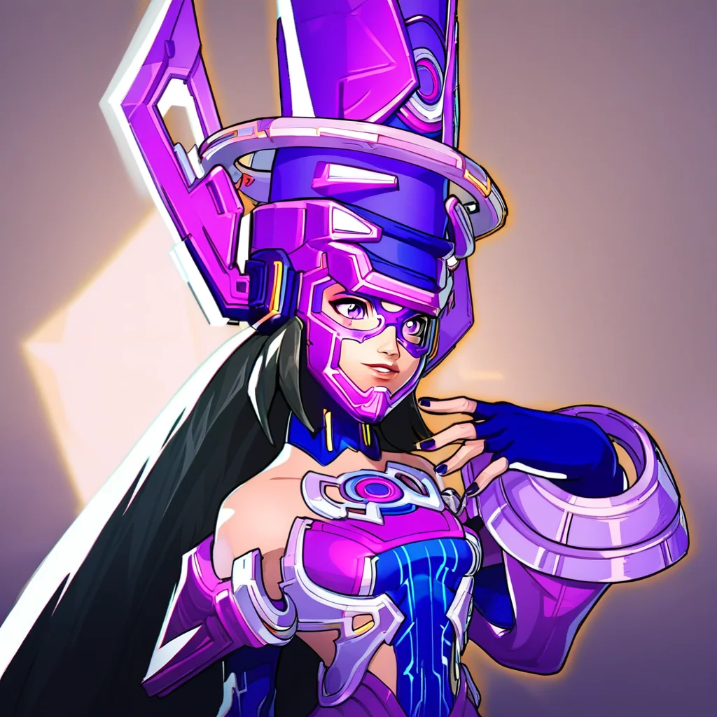 purple eyes, Galacta, blue fingerless gloves, long sleeves, silver rings around wrist, bare shoulders, long purple helmet, 1girl, purple eye mask, long boots, long black hair, purple bodysuit, purple skirt