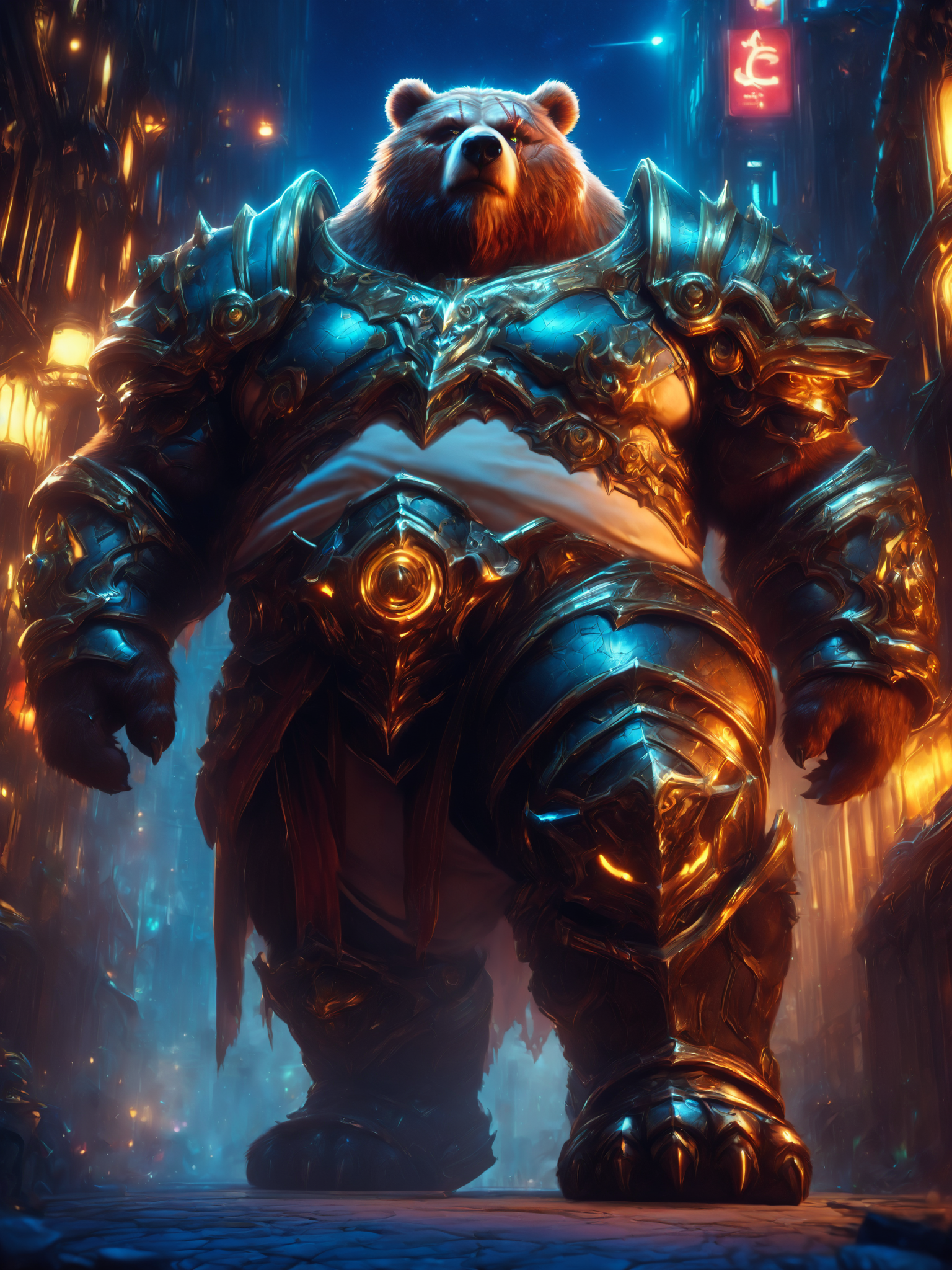 bear, armor, detailed background, vambraces, greaves, plackart, scar, eye scar, beard, step pose, low-angle view, overweight, glowing armor, futuristic, city scape, street, night, cyberpunk, thick arms, thick thighs, handpaw, 
<lora:macrobear_v3.1.1:1> <lora:XDetail_light:1> <lora:SDXLFaeTastic2400:1>, score_9.score_8_up.score_7_up.score_6_up.score_5_up.score_4_up.source_furry, high quality, detailed, beautiful, realistic, outstanding, countershading,