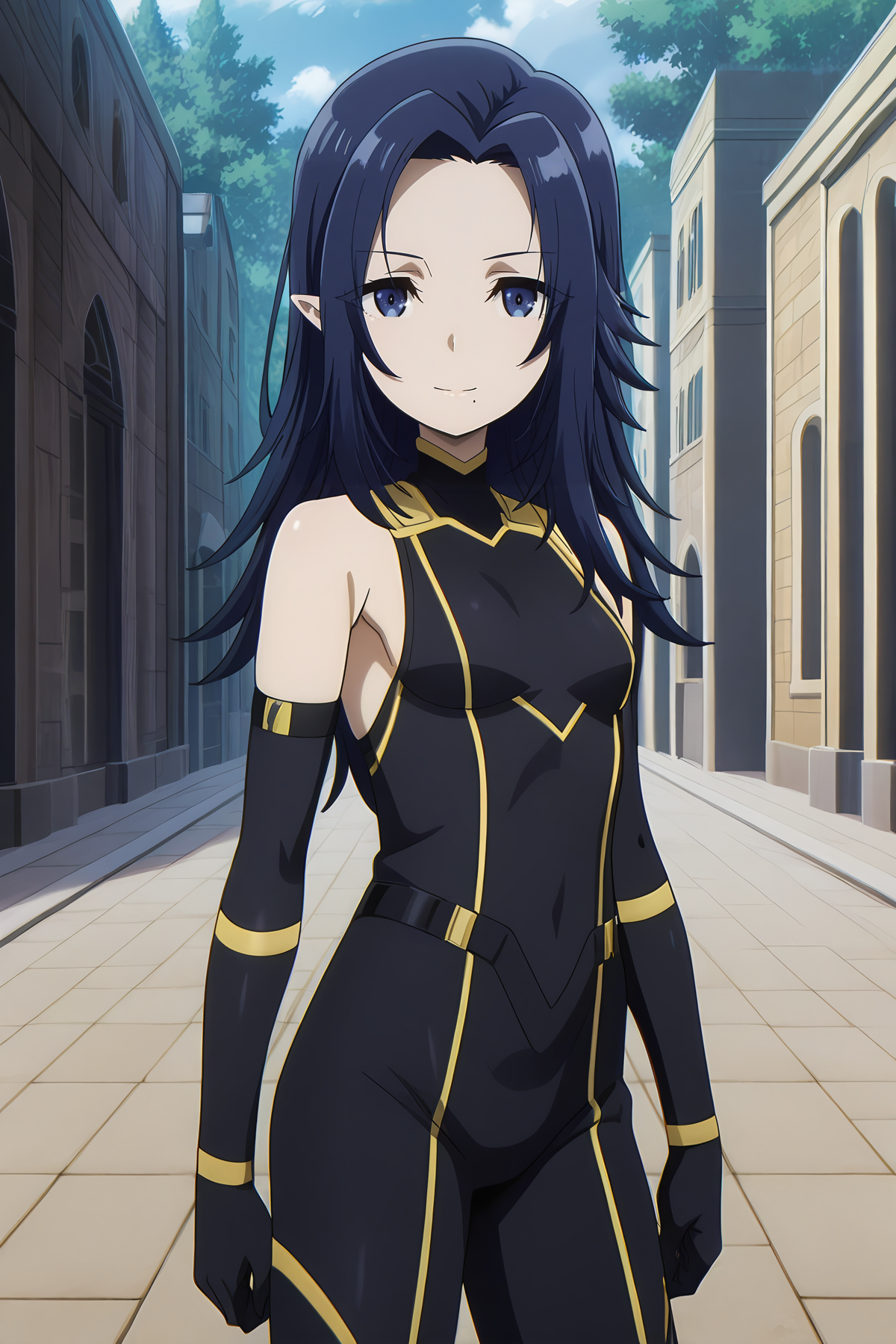 absurdres, highres, masterpiece, best quality, amazing quality, official anime artwork, screencap, anime screencap, outdoors, looking at viewer, light smile, dynamic pose, standing, day, 
 <lora:Gamma_Illustrious_r1:1> Gamma, 1girl, solo, blue eyes, blue hair, long hair, pointy ears, small breasts, mole under mouth, young, aged down,, bodysuit, black bodysuit, elbow gloves, black gloves, bare shoulders,
