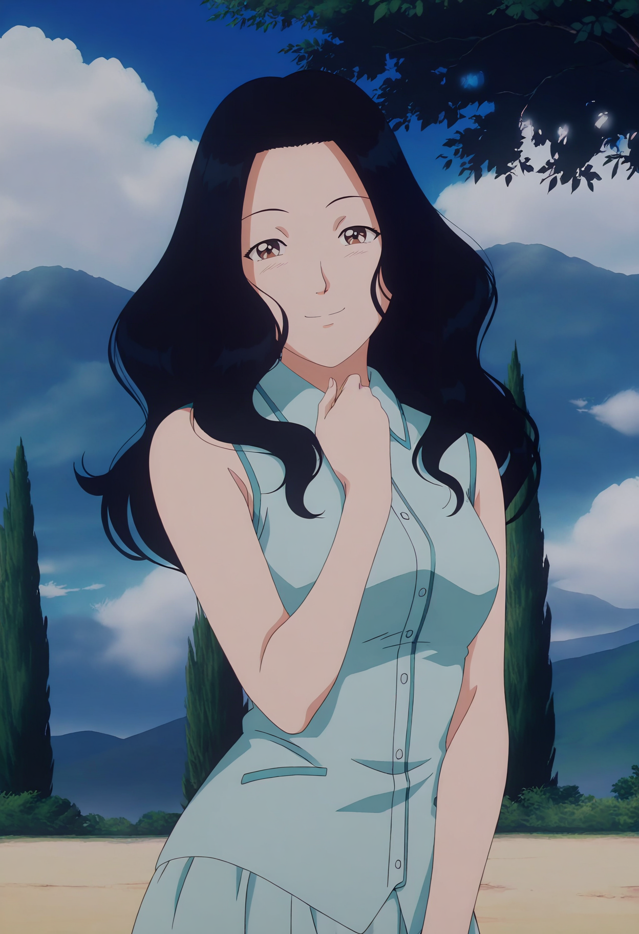 anime screencap,anime coloring,masterpiece,best quality,absurdres,amazing quality,official style,<lora:Sakura Izumi-IL V1:1>,Sakura Izumi,1girl,black hair,brown eyes,
long hair,Sakura Outfit,blue vest,blue skirt,upper body,looking at viewer,smile,outdoors,