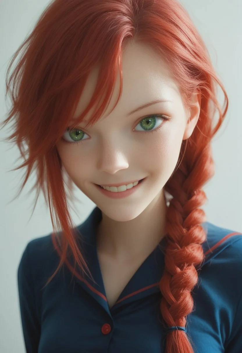 score_9, score_8_up, score_7_up, lilykat, red hair, kawaii girl:1.3, perfect face, cute, petite, looking at viewer, one sided braid, long hair, asymmetrical bangs, green eyes,
school uniform, ((medium breasts:1.1)),
shy smile:0.6 , waist up, detailed face