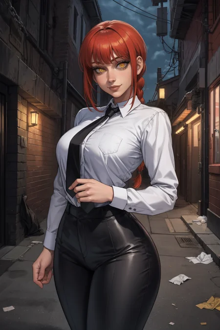 1girl, (solo:1.2), (adjusting clothes:1.3), (looking at self:1.5), (cowboy shot:1.5), (curvy:1.2),, (masterpiece:1.3), (best quality:1.3), (perfect anatomy:1.4), highly detailed, <lora:Sciamano240 [MockAi - v1.0]:0.8> sciamano240, soft shading, detailed, semi-realistic, <lora:Makima [nochekaiser881 - v1.0]:0.8> makima, long hair, smile, bangs, (yellow eyes:1.2), braid, red hair, braided ponytail, ringed eyes, shirt, long sleeves, white shirt, necktie, collared shirt, pants, black pants, formal, suit, black necktie, shirt tucked in, office lady, (night:1.5), (dark alleyway inside a large city:1.2), (chainlink fence:1.2), (trash lying around:1.2), concrete, sparse lighting, (dystopian)