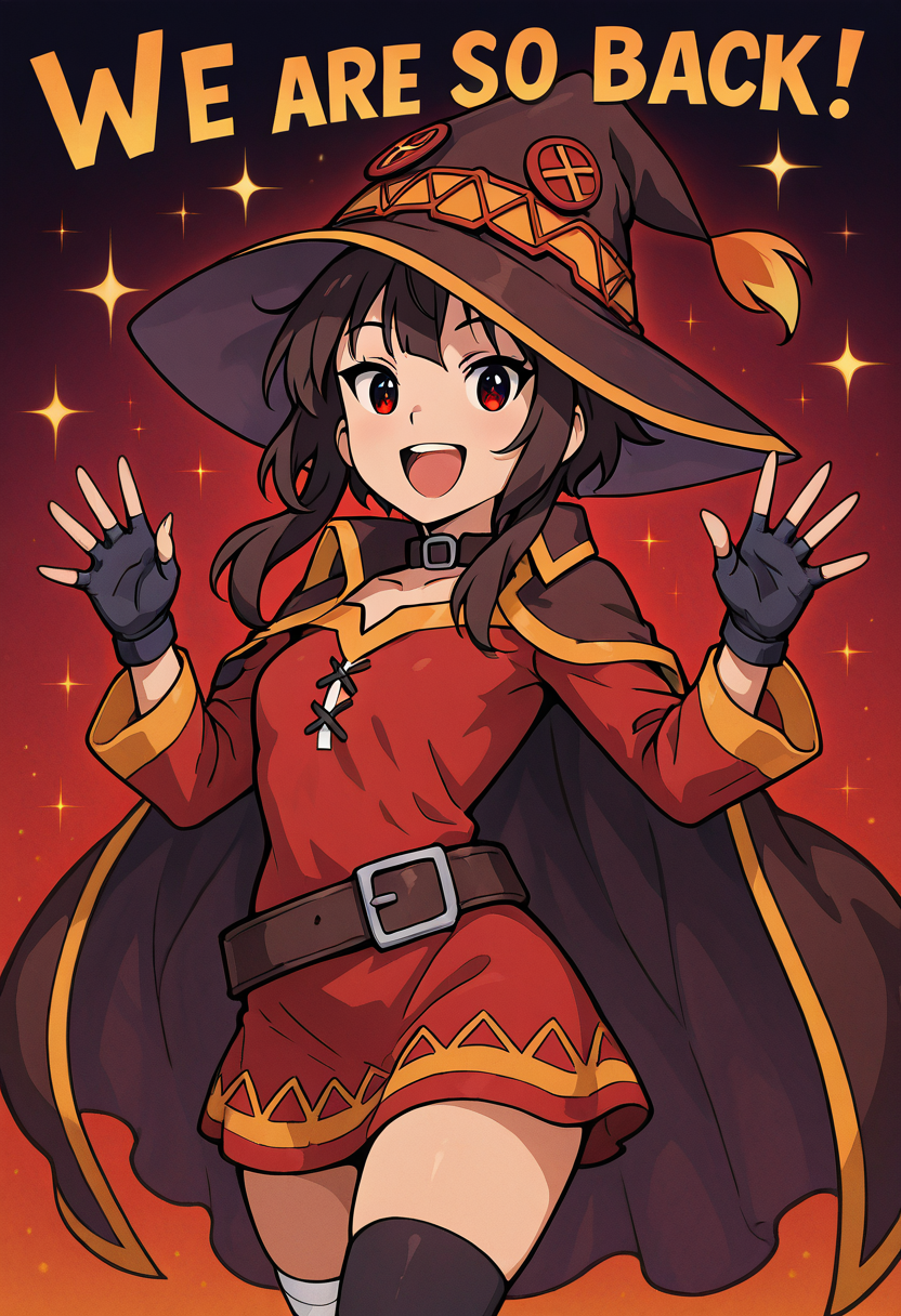 masterpiece, best quality, 1girl, solo, eyelashes, (beautiful eyes),    We4reSoB4ck, text, medium breasts, (curvy),   megumin, solo, looking at viewer, smile, red eyes, black hair, short hair with long locks, thighhighs, gloves, witch hat, red dress, black gloves, belt, black thighhighs, fingerless gloves, cape, collar, dramatic pose,  (upper body), smile, teeth, :D, gradient background,   ,<lora:We4reSoB4ck_IXL_v1:1.0>,